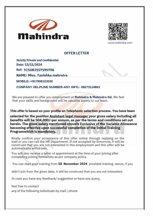 Mahindra ltd. Assistant Legal Manager  offer letter in Word and Pdf formats