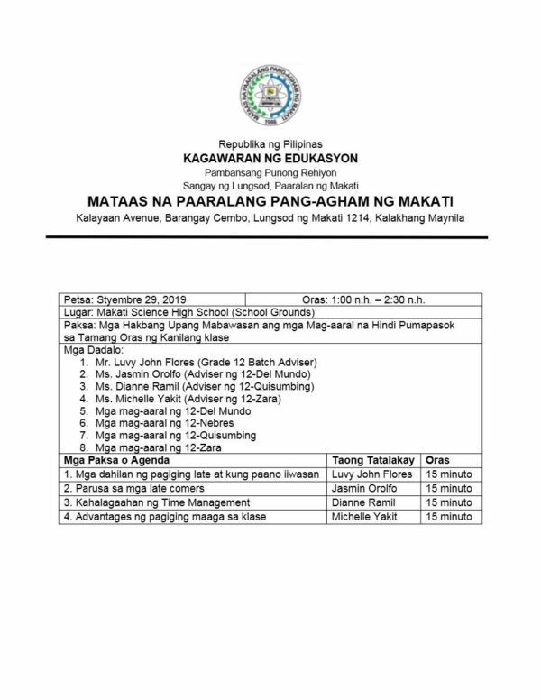 Makati High School of Science agenda template in Word and PDF formats (filipino)