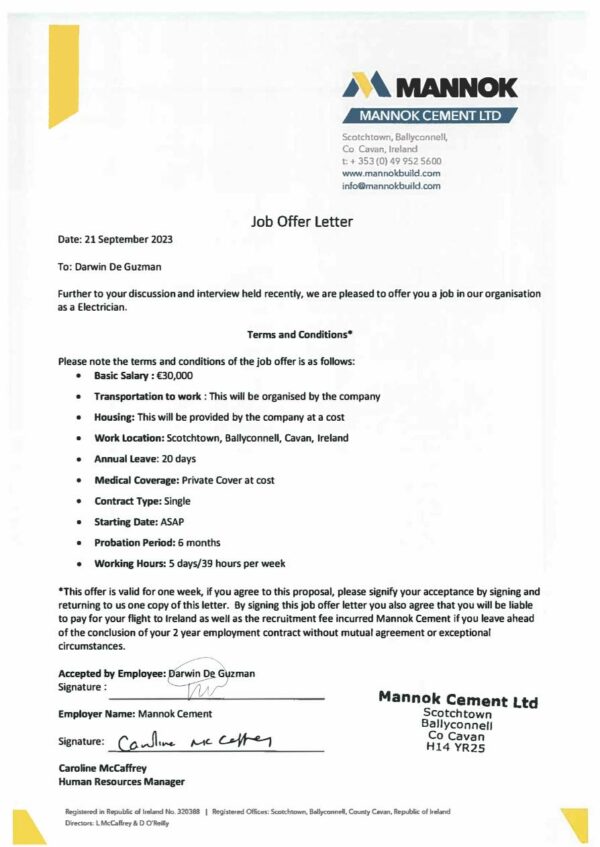 Mannok Cement Ltd. Electric offer letter in Word and Pdf formats