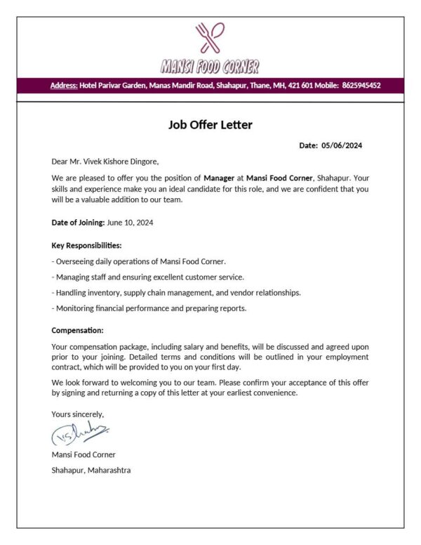 Mansi Food Corner Manager offer letter in Word and Pdf formats