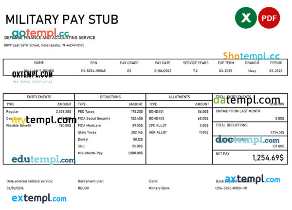 Military Pay Stub Template in Word and PDF formats