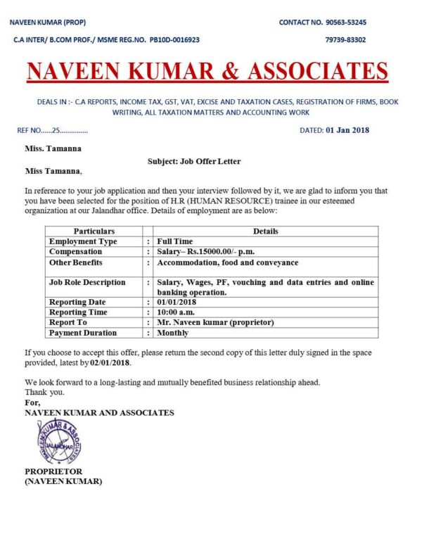 Naveen Kumar & Associates HR trainee offer letter in Word and Pdf formats