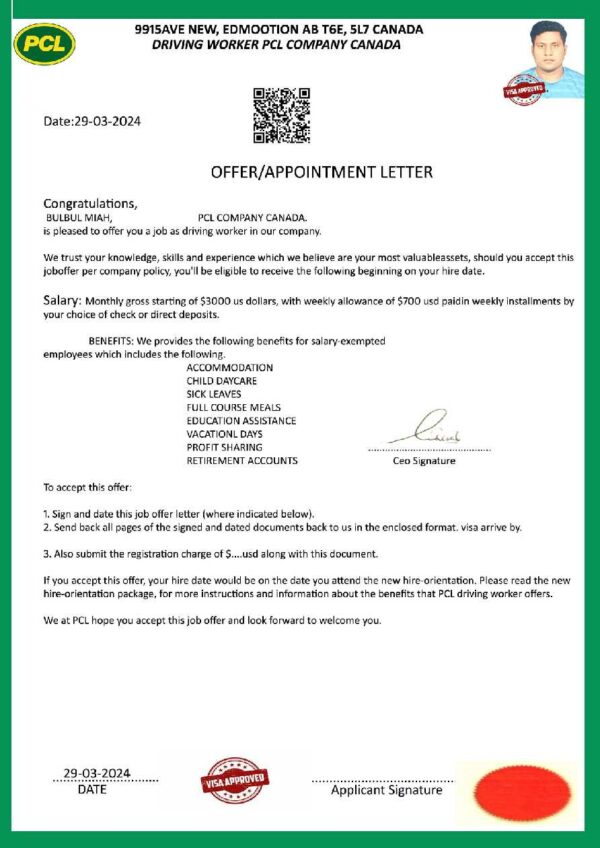 PCL Company Canada job offer letter in Word and Pdf formats