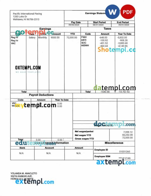 Pacific International Paving earnings statement template in Word and PDF formats