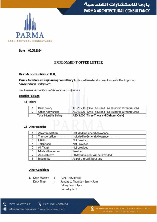 Parma Architectural Engineering Consultancy Architectural Draftsman offer letter in Word and Pdf formats