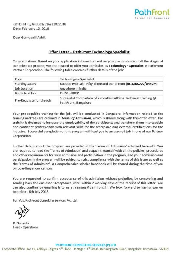 PathFront  Technology Specialist offer letter in Word and Pdf formats