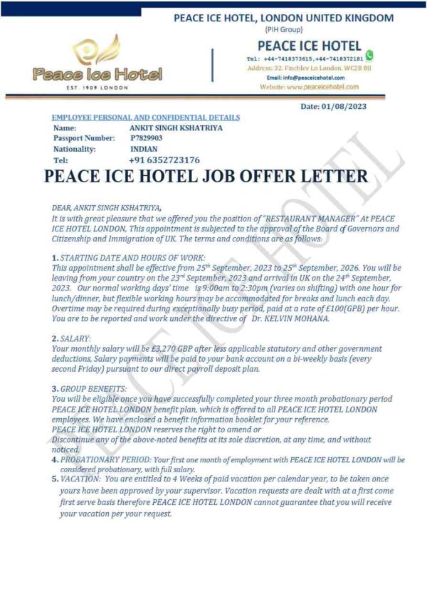 Peace Ice Hotel Restaurant Manager offer letter in Word and Pdf formats