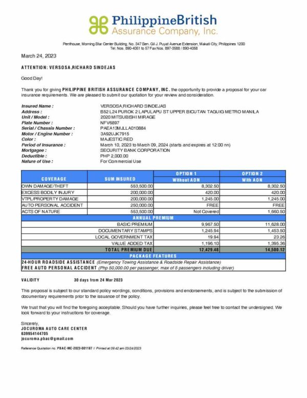 Philippines British Assurance Company Inc. car insurance template in Word and PDF formats