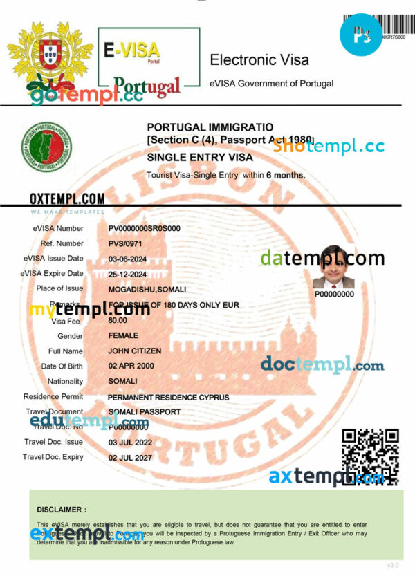 Portugal electronic visa template in PSD format