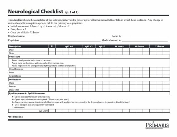 Primaris Neurological checklist template in Word and PDF formats, 2 pages