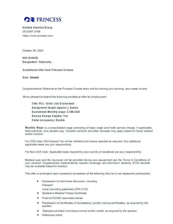 Princess Cruises  job offer letter in Word and Pdf formats