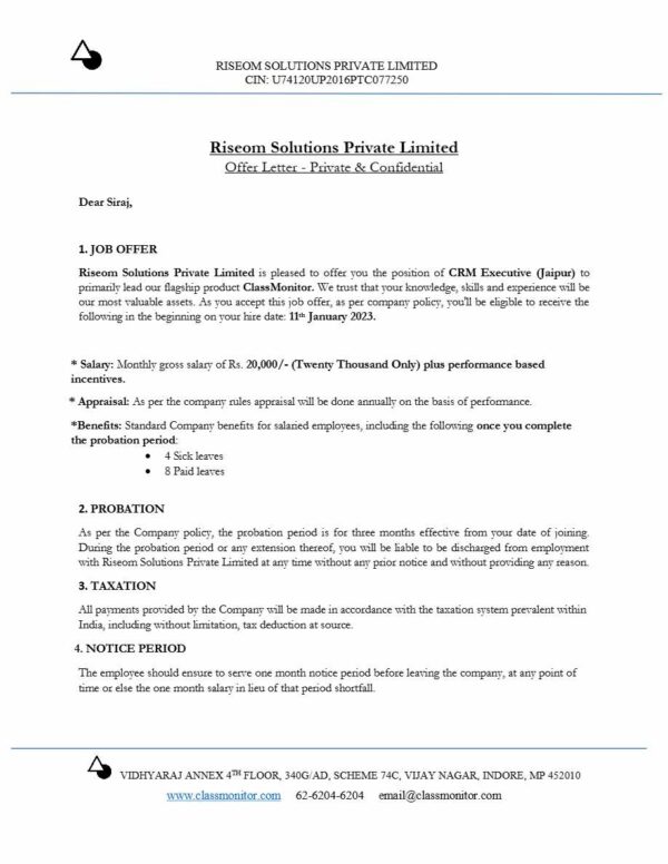 Riseom Solutions Pvt. Ltd. CRM Executive offer letter in Word and Pdf formats