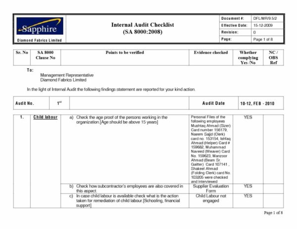 Sapphire Diamond Fabrics Ltd. Internal Audit checklist template in Word and PDF formats, 8 pages