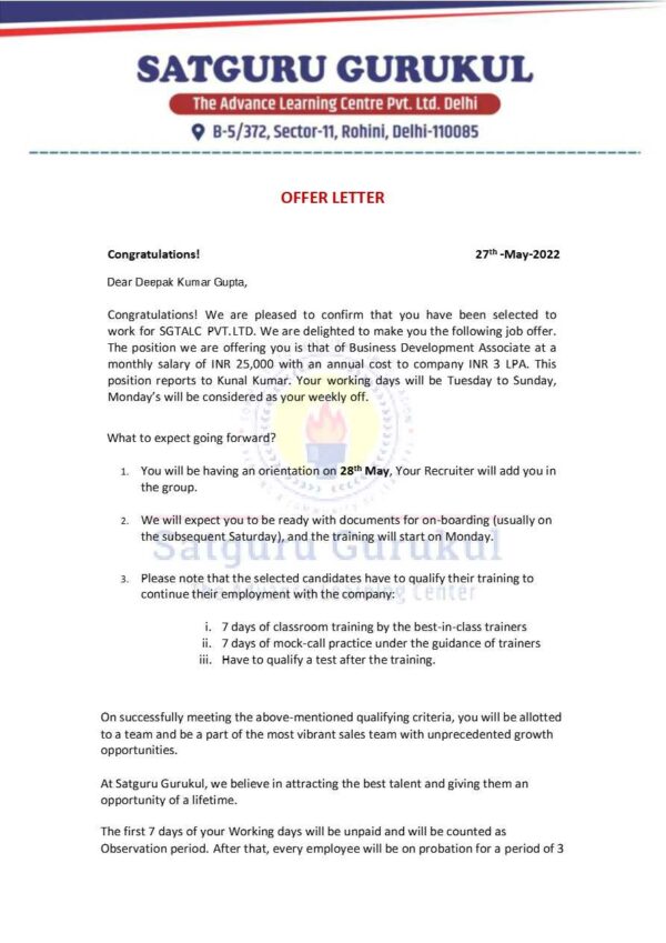 Satguru Gurukul Pvt. Ltd. Business Development Associate offer letter in Word and Pdf formats