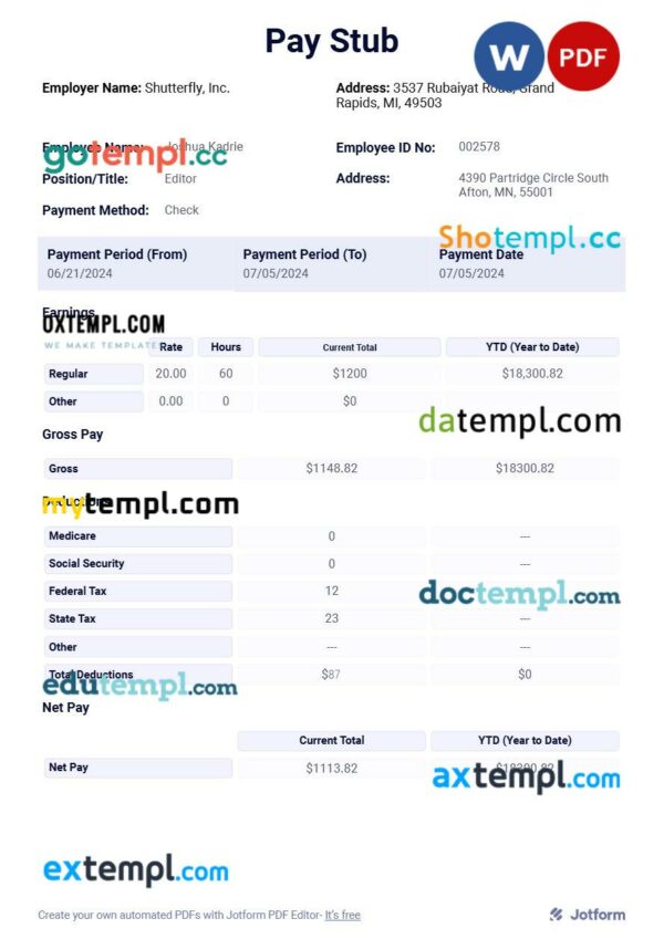 Shutterfly, Inc. pay stub template in Word and PDF formats