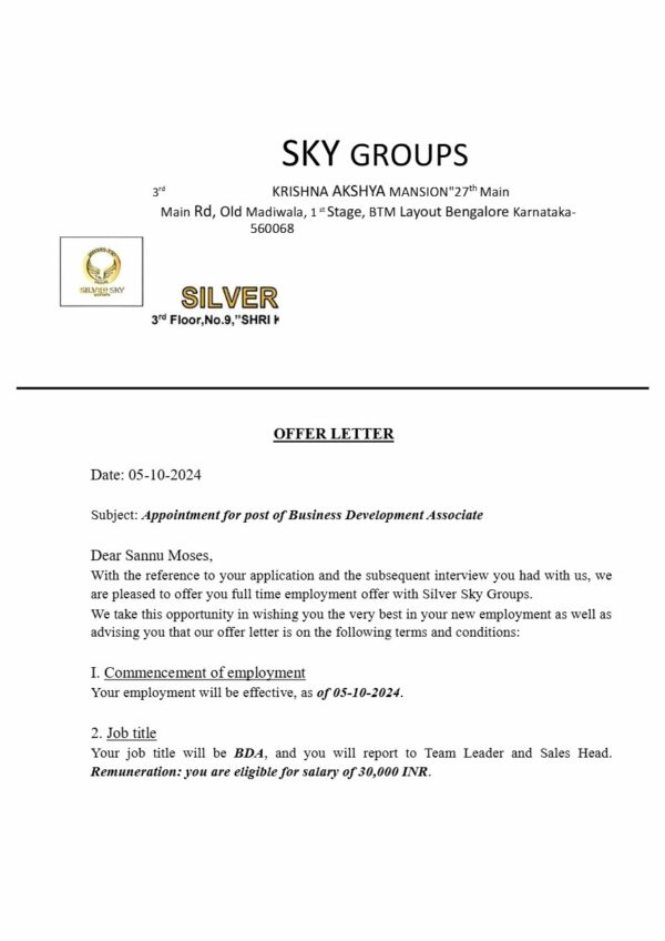 Silver Sky Groups Business Development Associate offer letter in Word and Pdf formats