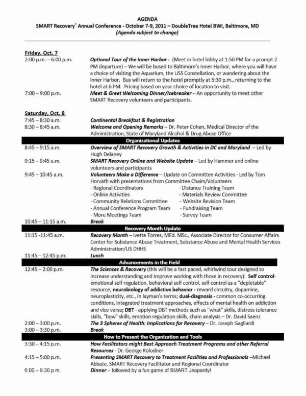 Smart Recovery Annual Conference agenda template in Word and PDF formats