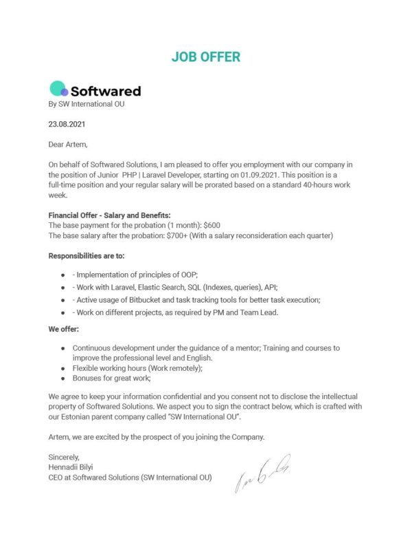 Softwared Solutions Junior PHP Laravel Developer offer letter in Word and Pdf formats