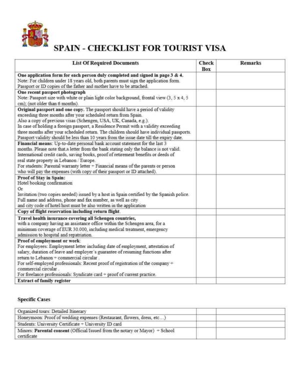 Spain Tourist Visa checklist template in Word and PDF formats, 2 pages