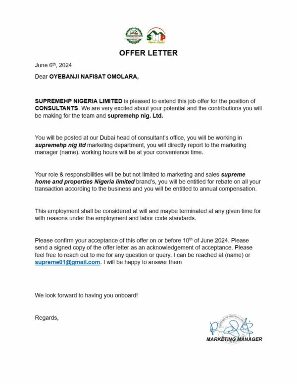 Supremehp Nigeria Ltd. Consultant offer letter in Word and Pdf formats