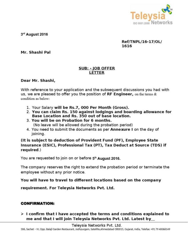 Teleysia RF Engineer offer letter in Word and Pdf formats