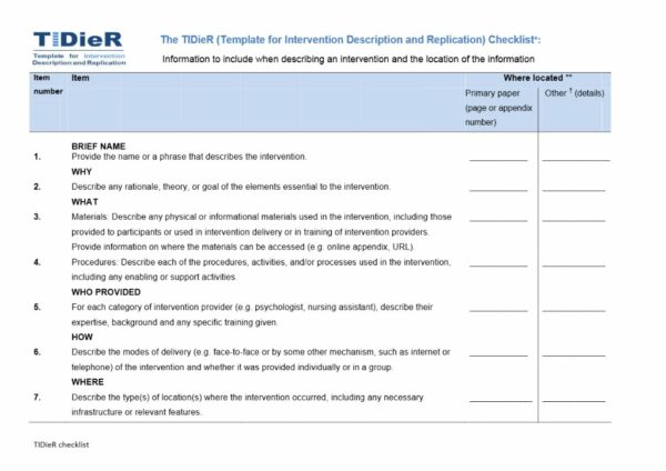 The TIDieR checklist template in Word and PDF formats, 2 pages