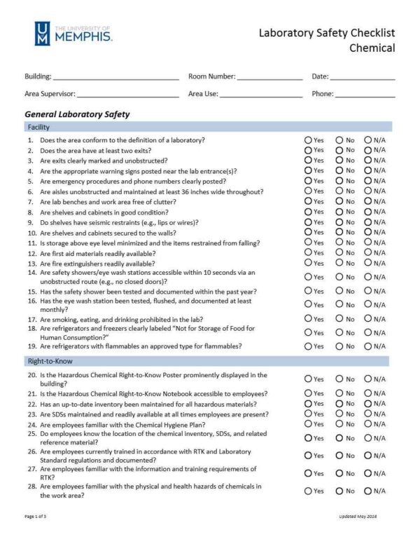 The University of Memphis Chemical Laboratory Safety checklist template in Word and PDF formats, 3 pages