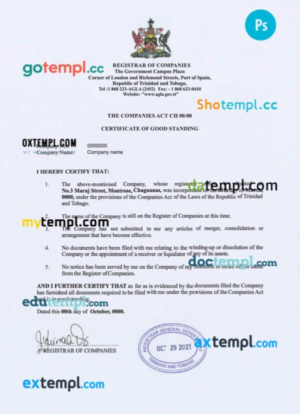 Trinidad and Tobago business registration license PSD template