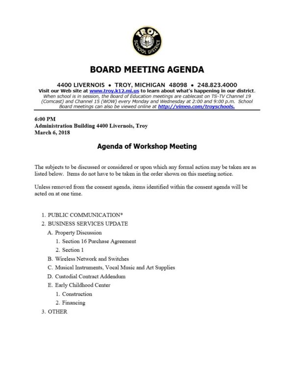 Troy School District Board Meeting agenda template in Word and PDF formats