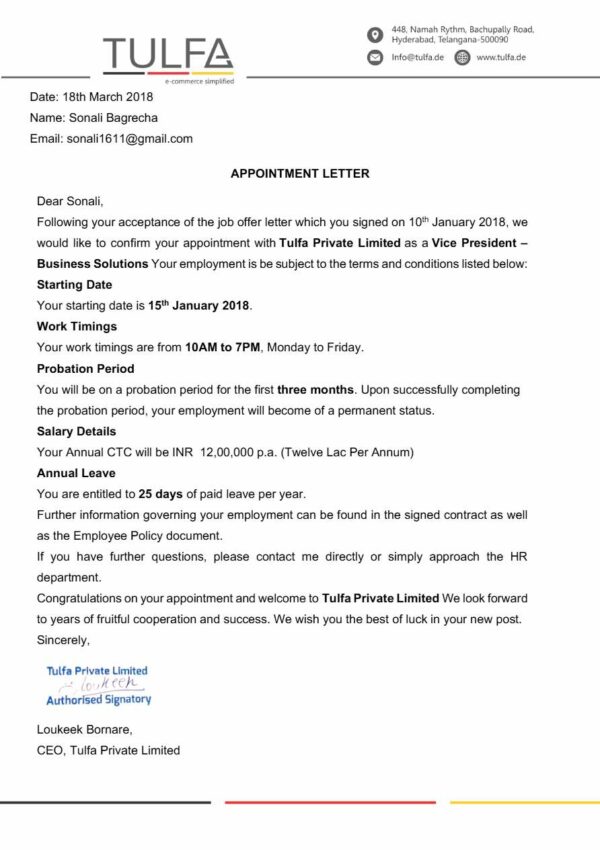 Tulfa Pvt. Ltd. Vice President - business solutions offer letter in Word and Pdf formats