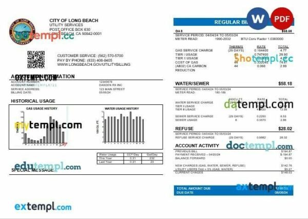 USA City of Long Beach business utility bill template in Word and PDF formats