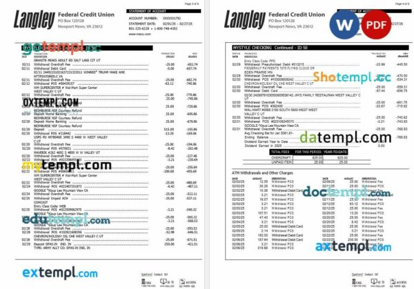 USA Langley Federal Credit Union bank statement Word and PDF template, 6 pages