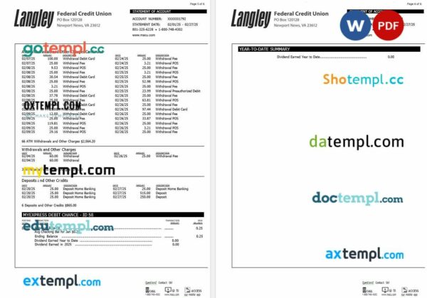 USA Langley Federal Credit Union bank statement Word and PDF template, 6 pages - Image 3