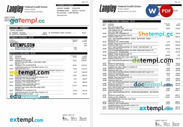 USA Langley Federal Credit Union bank statement Word and PDF template, 6 pages - Image 2