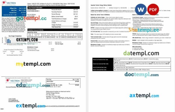 USA Ohio Vectren gas utility bill download example in Word and PDF format, version 2