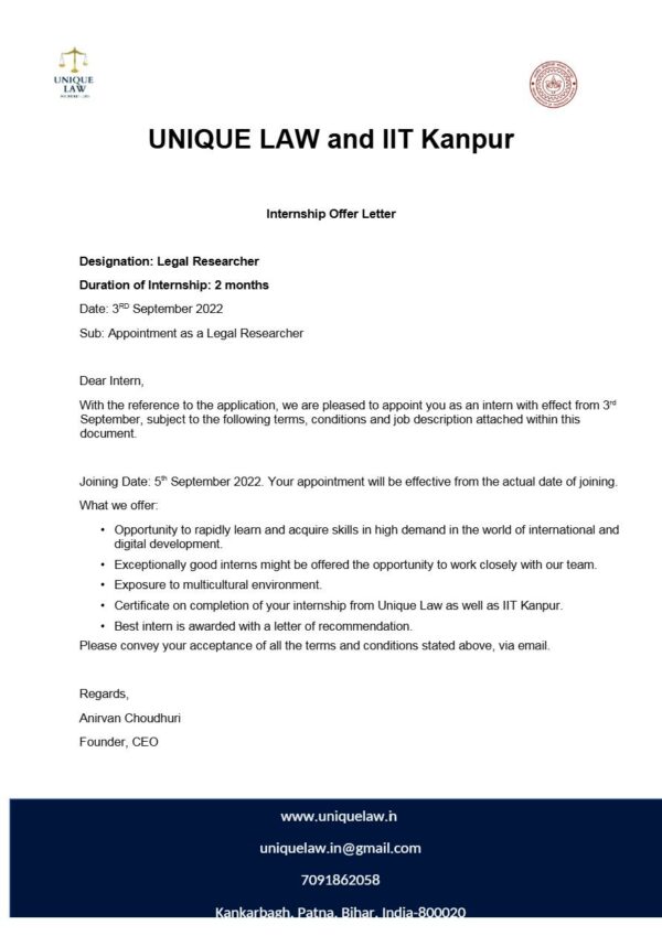 Unique Law and IIT Kanpur Legal Researcher offer letter in Word and Pdf formats