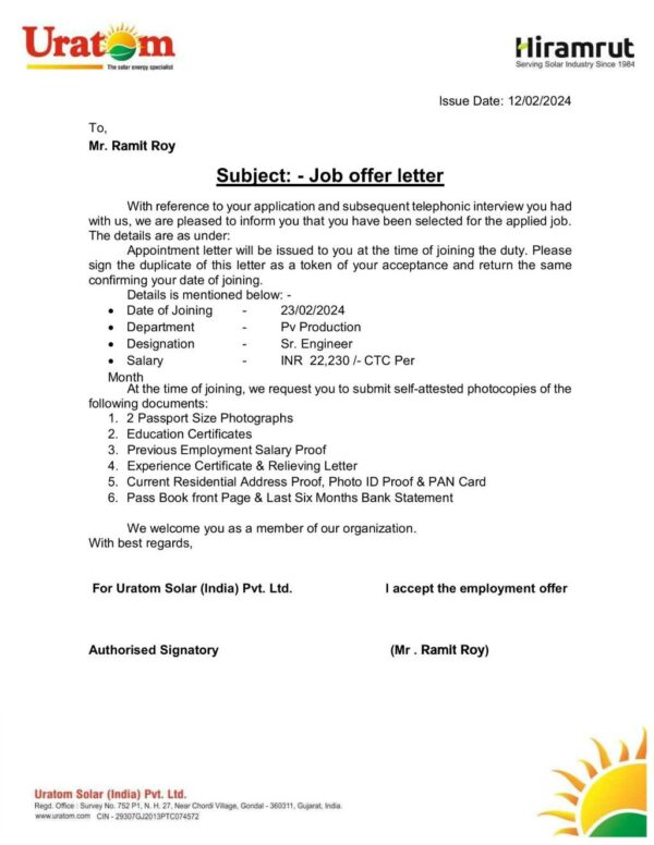 Uratom Solar Pvt. Ltd. Sr. Engineer offer letter in Word and Pdf formats