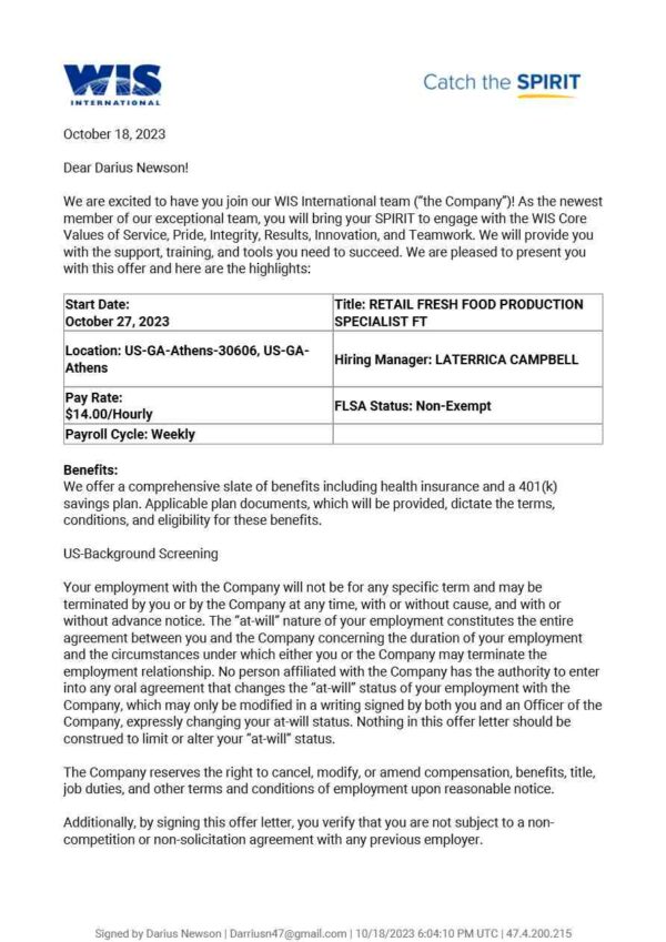 WIS International Retail fresh food production specialist ft offer letter in Word and Pdf formats