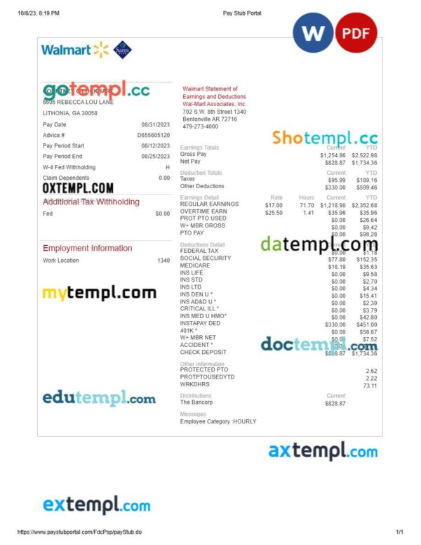 Walmart statement of earnings and deductions template in Word and PDF formats