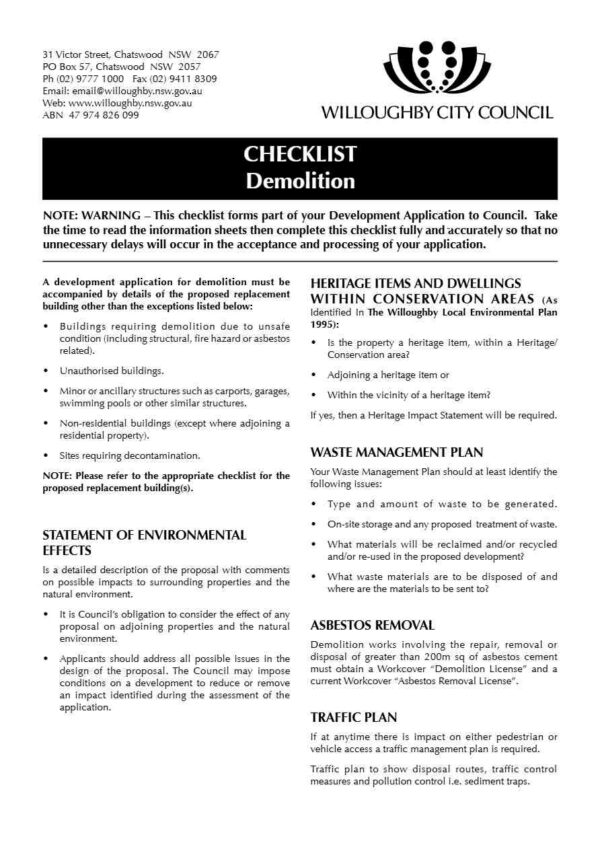 Willoughby City Council Demolition checklist template in Word and PDF formats, 2 pages