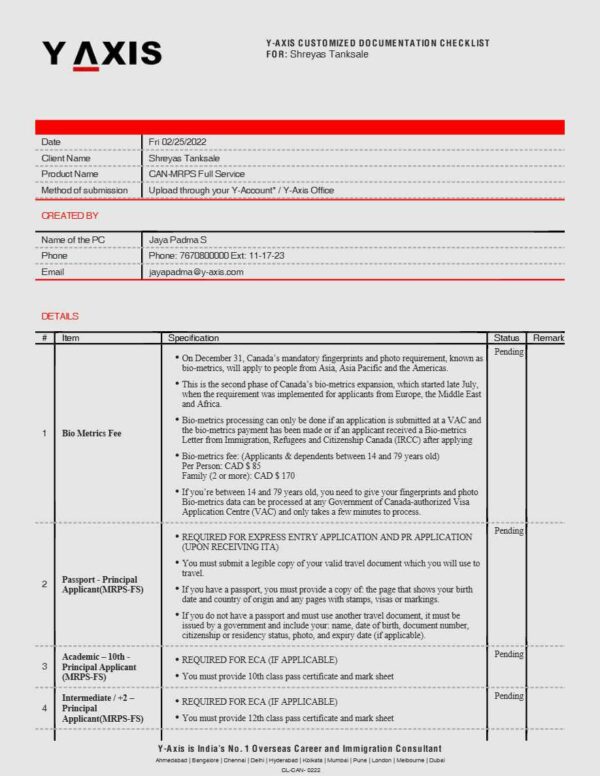 Y-Axis Costumized Documentation checklist template in Word and PDF formats, 7 pages