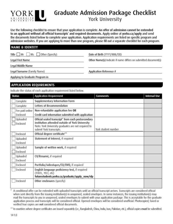 York University Graduate Admission Package checklist template in Word and PDF formats