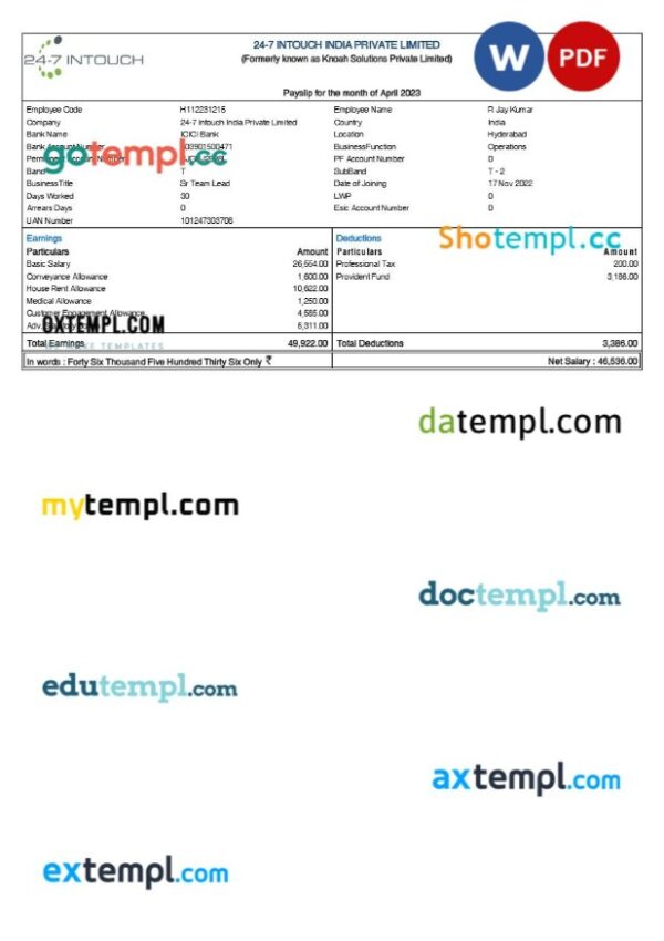 24-7 Intouch India payslip template in Word and PDF formats