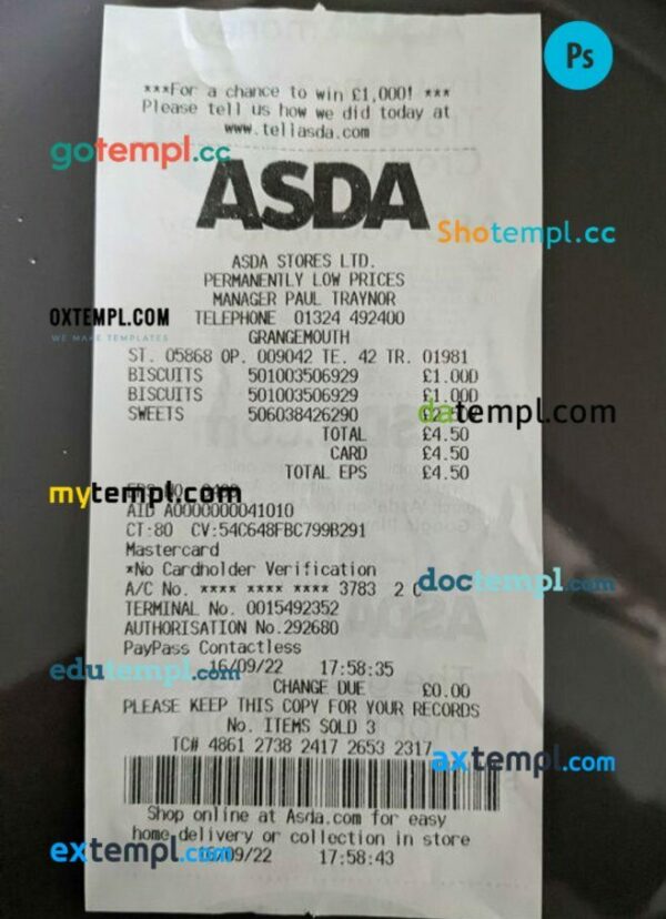 ASDA stores payment receipt PSD template