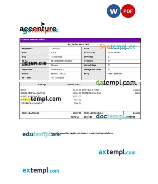 Accenture Solutions payslip template in Word and PDF formats