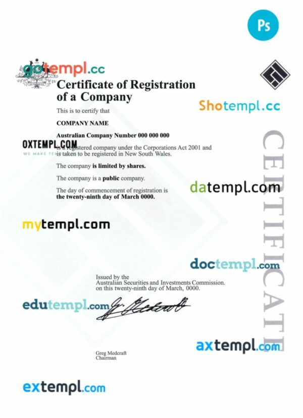 Australia company registration certificate PSD template