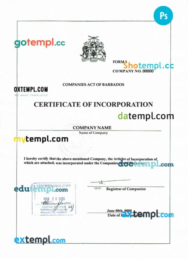 Barbados business registration license PSD template, 2 pages