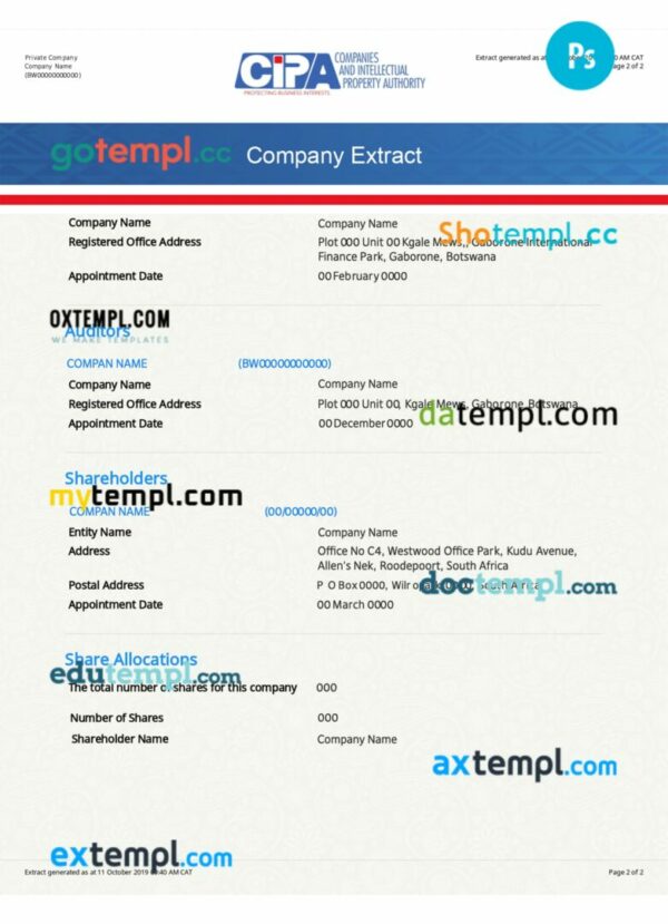 Botswana company registration certificate PSD template, 2 pages - Image 2