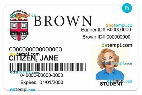 Brown University student ID template in PSD format, fully editable