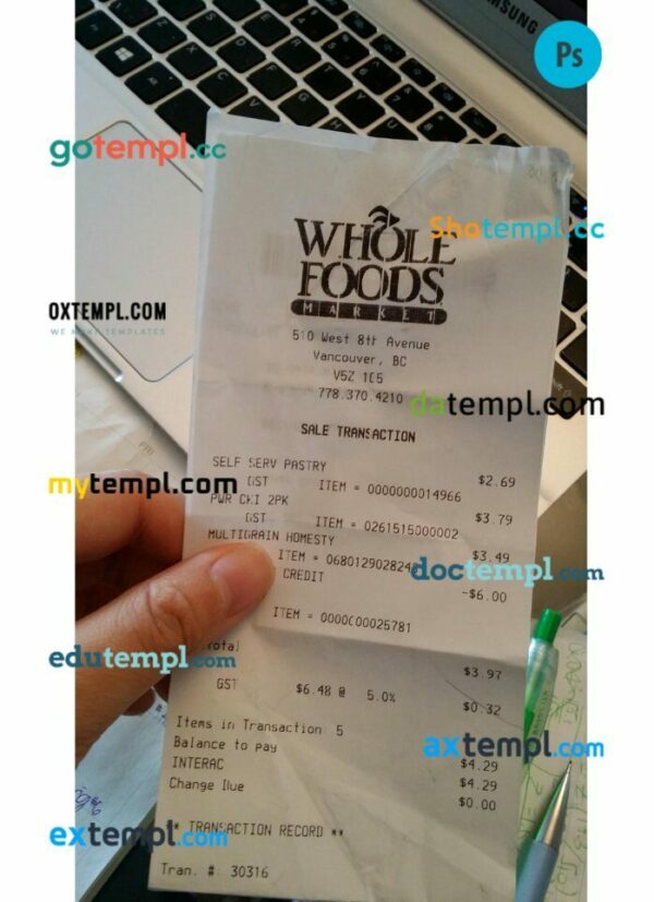 Canada Whole foods market payment receipt PSD template